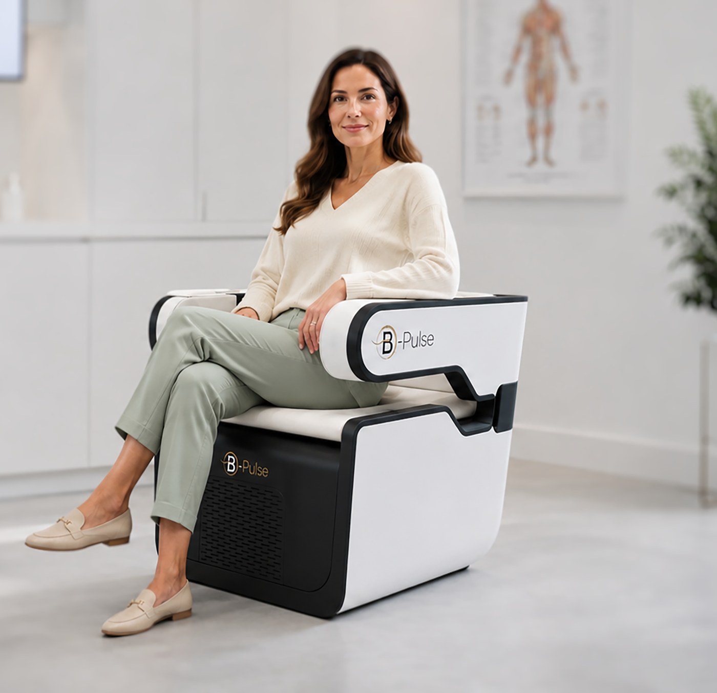 Femme assise sur la chaise B-Pulse en clinique