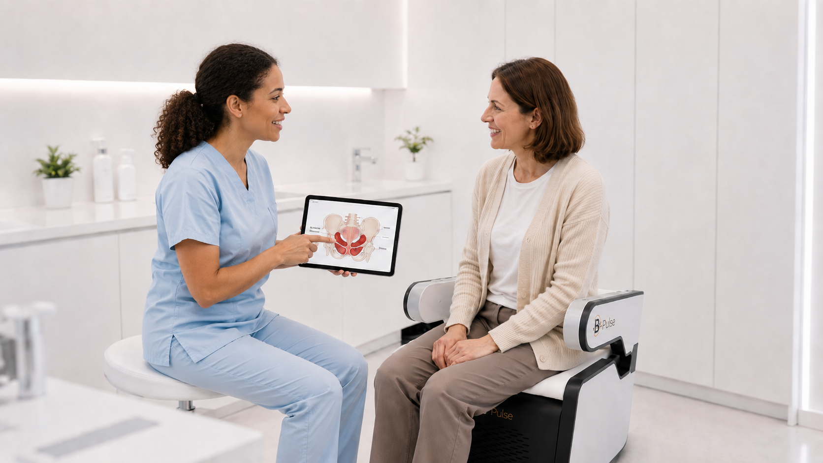 Professionnelle de la santé expliquant l'anatomie pelvienne à une cliente assise sur la chaise B-Pulse