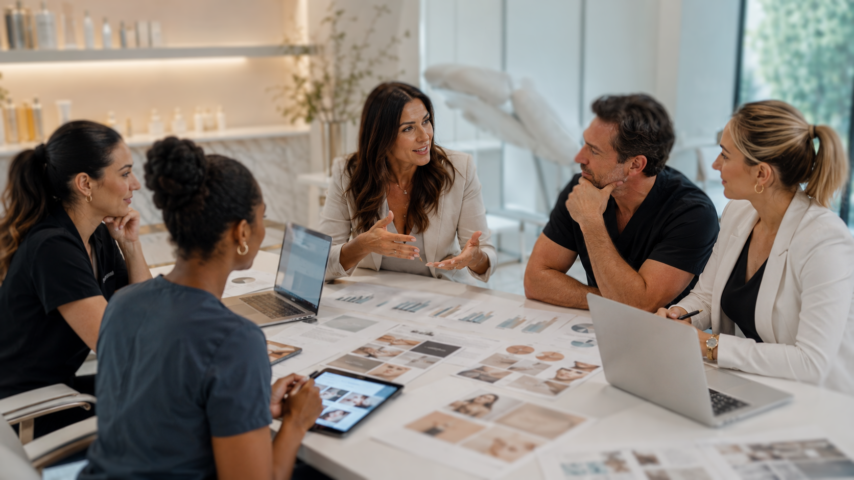 Équipe de professionnels en réunion stratégique en clinique esthétique