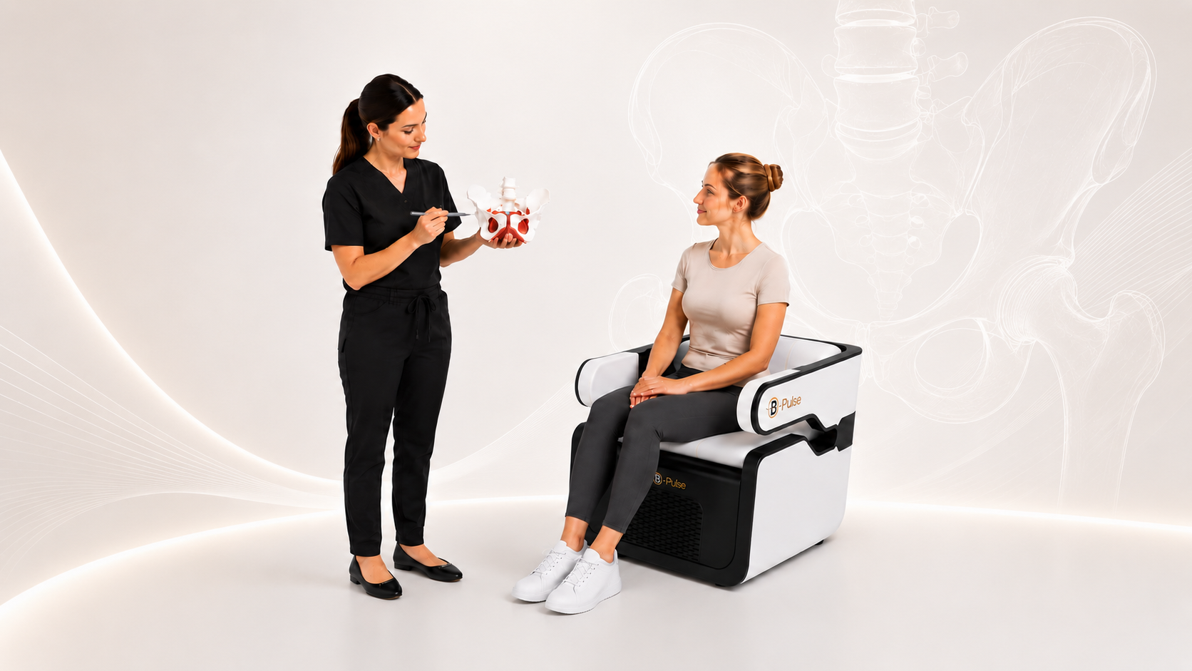 Professionnelle expliquant l'anatomie pelvienne à une cliente assise sur la chaise B-Pulse