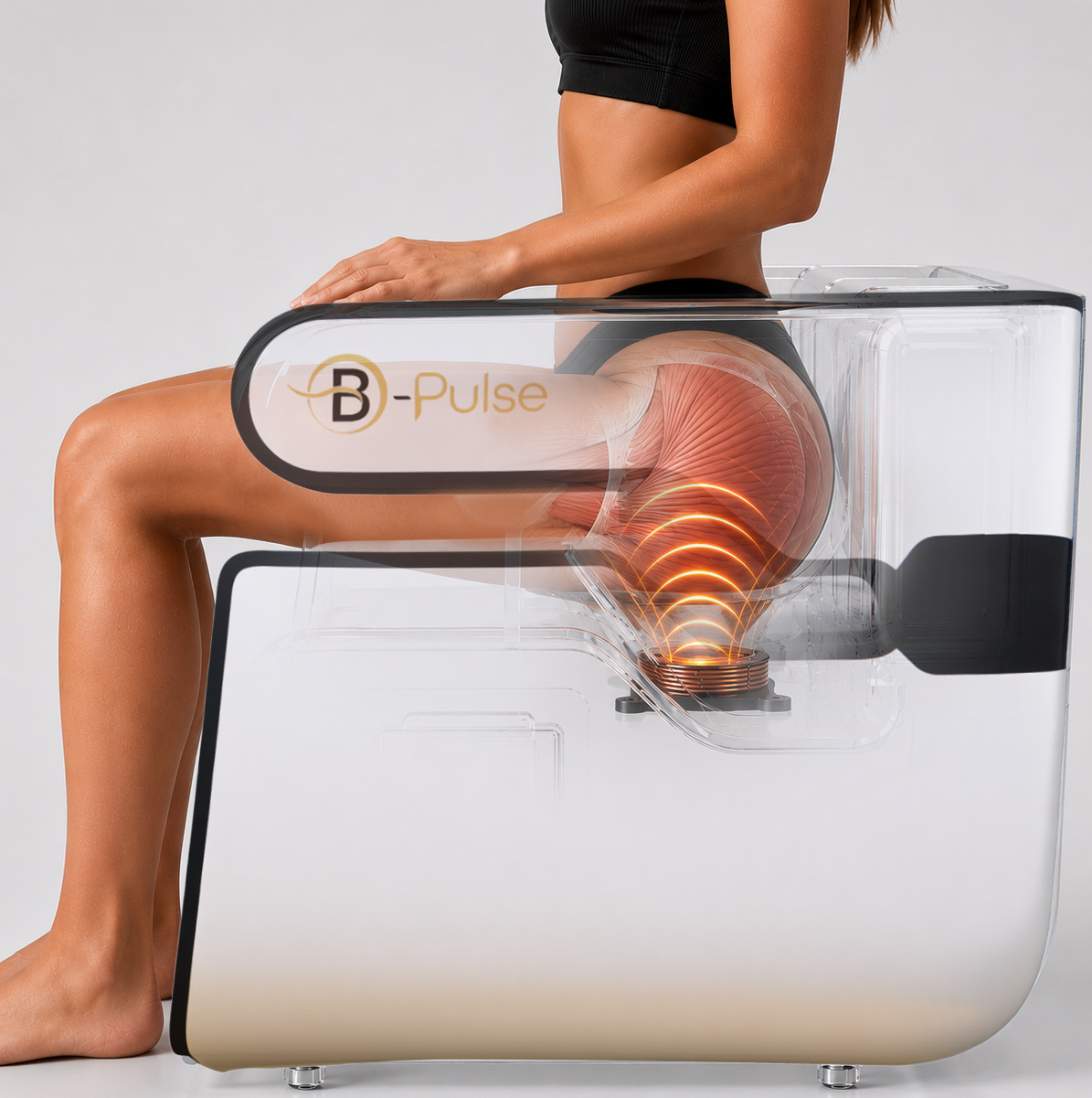 Vue latérale transparente de la chaise B-Pulse : muscles du plancher pelvien et ondes électromagnétiques émises par la bobine