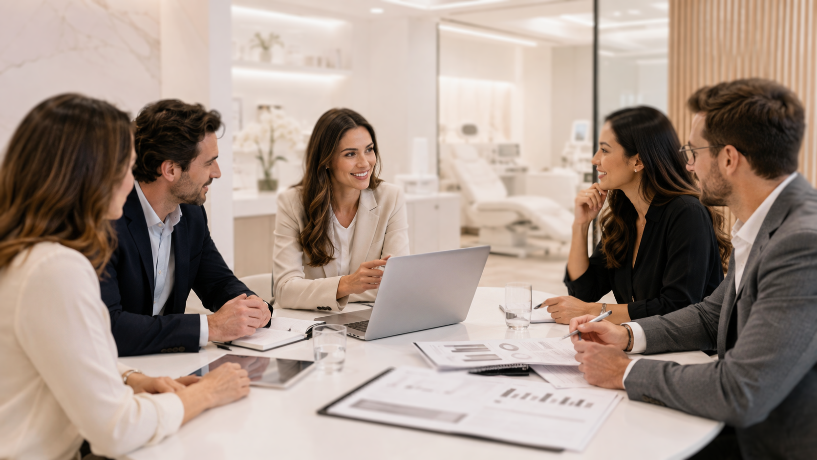 Équipe de professionnels en réunion d'affaires en clinique